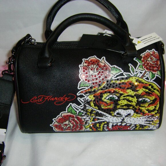 Ed Hardy Tiger Rhinestone Satchel Crossbody Bag Black NWT - Picture 6 of 16
